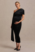 Driftly | Zena Black Velvet Asymmetric-Neck Maternity Midi Dress With Knot & Sash Detail