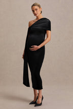 Driftly | Zena Black Velvet Asymmetric-Neck Maternity Midi Dress With Knot & Sash Detail