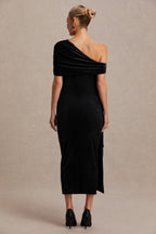 Driftly | Zena Black Velvet Asymmetric-Neck Maternity Midi Dress With Knot & Sash Detail