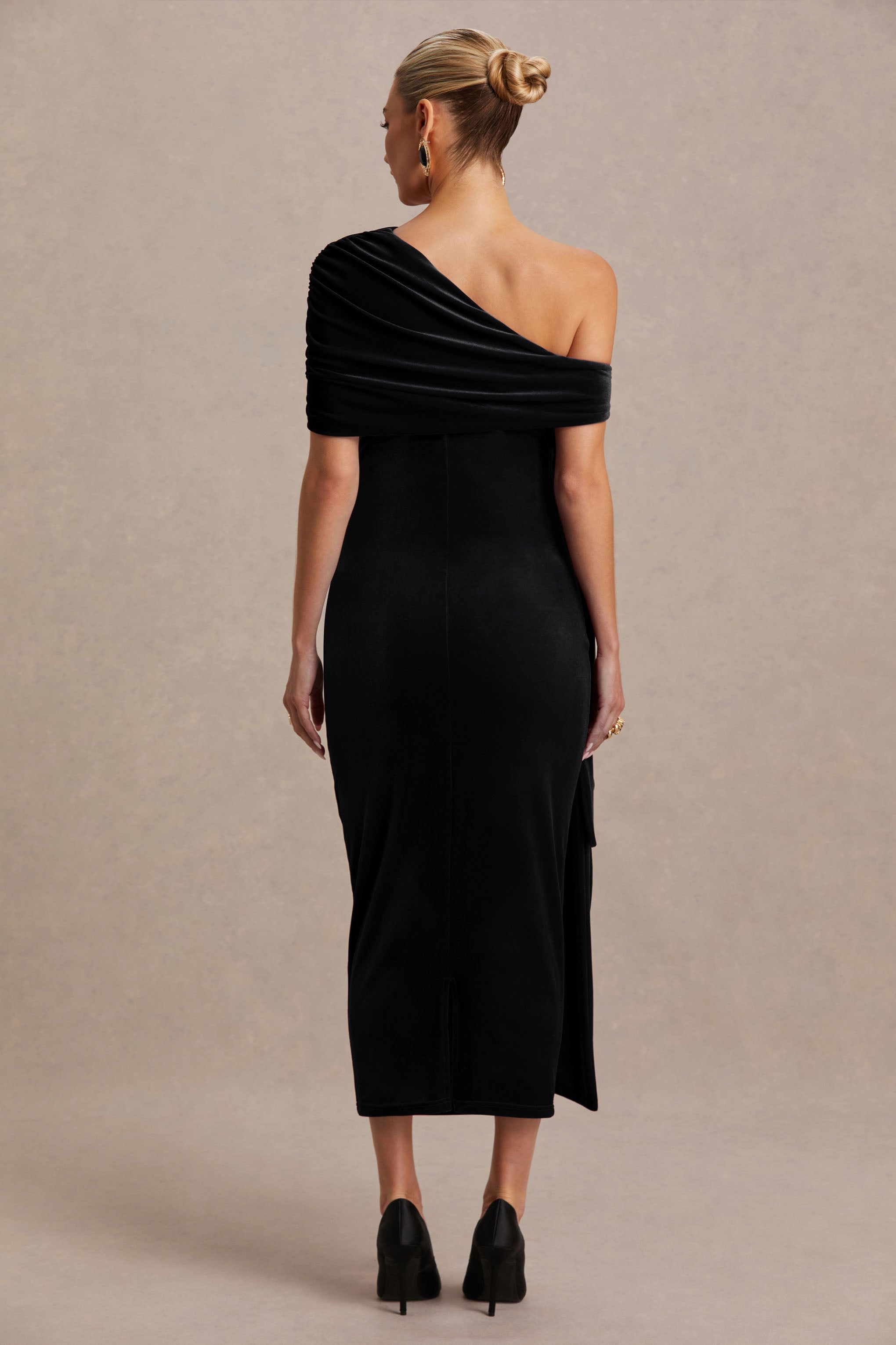 Driftly | Zena Black Velvet Asymmetric-Neck Maternity Midi Dress With Knot & Sash Detail