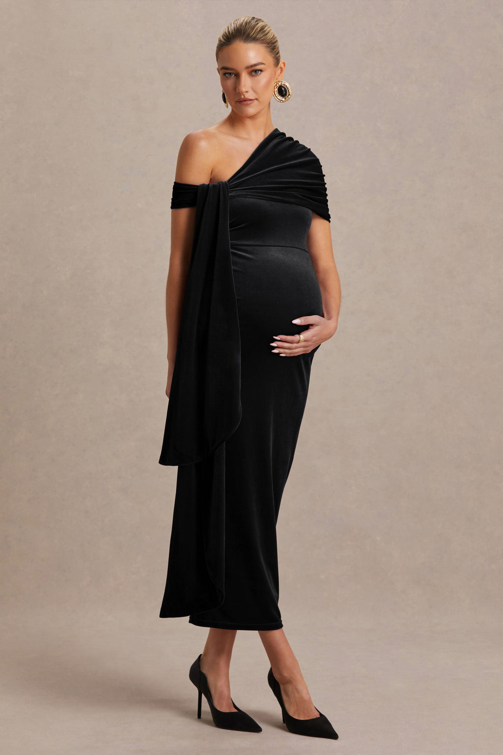 Driftly | Zena Black Velvet Asymmetric-Neck Maternity Midi Dress With Knot & Sash Detail