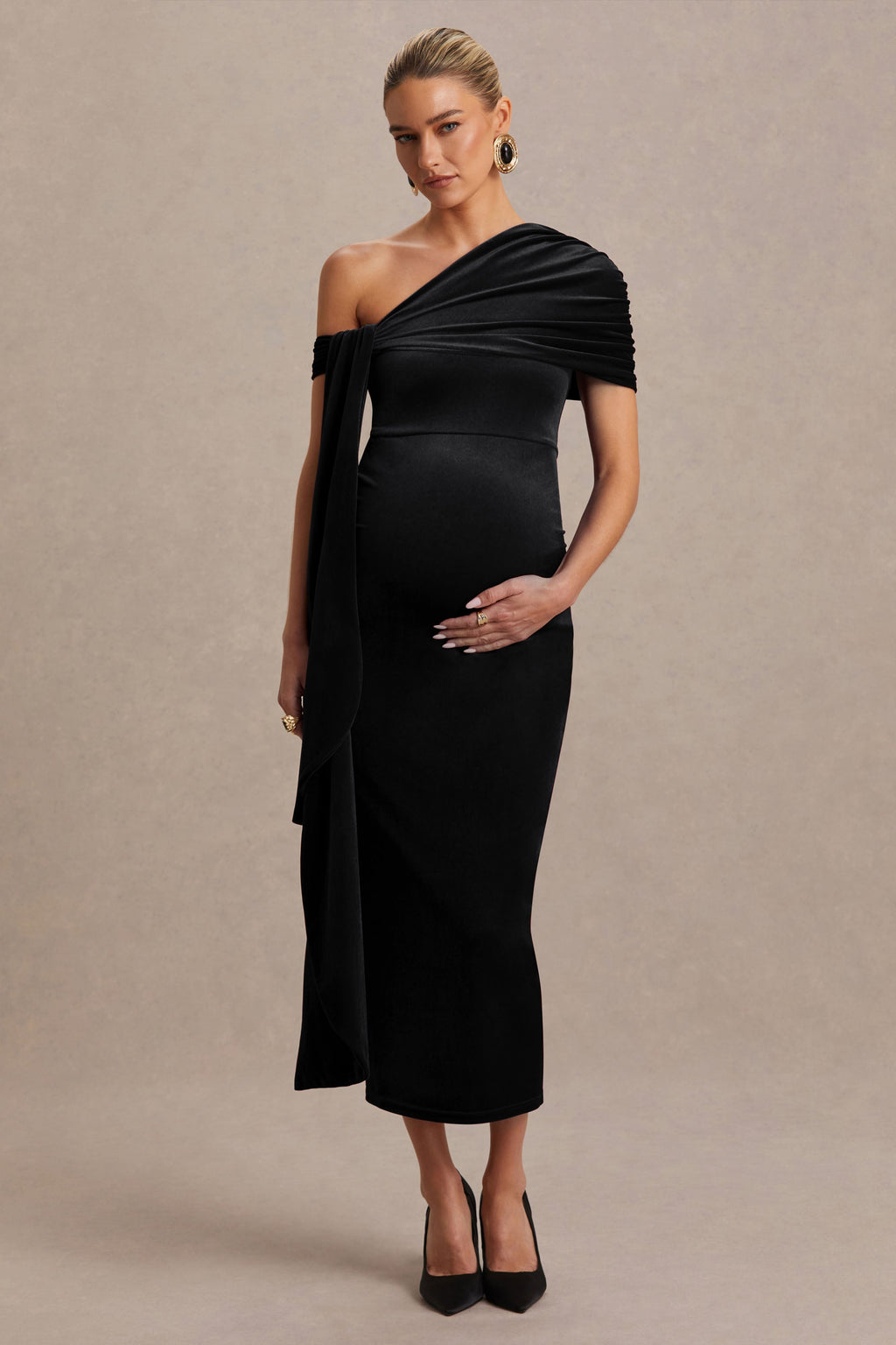 Driftly | Zena Black Velvet Asymmetric-Neck Maternity Midi Dress With Knot & Sash Detail