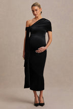 Driftly | Zena Black Velvet Asymmetric-Neck Maternity Midi Dress With Knot & Sash Detail