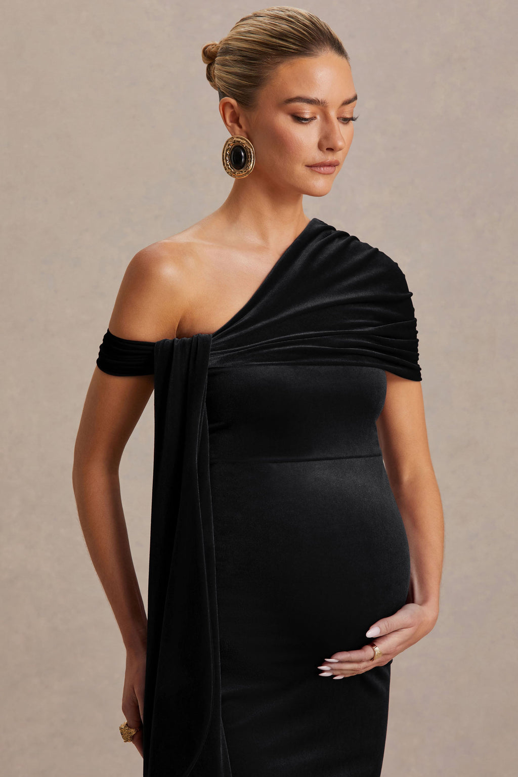 Driftly | Zena Black Velvet Asymmetric-Neck Maternity Midi Dress With Knot & Sash Detail