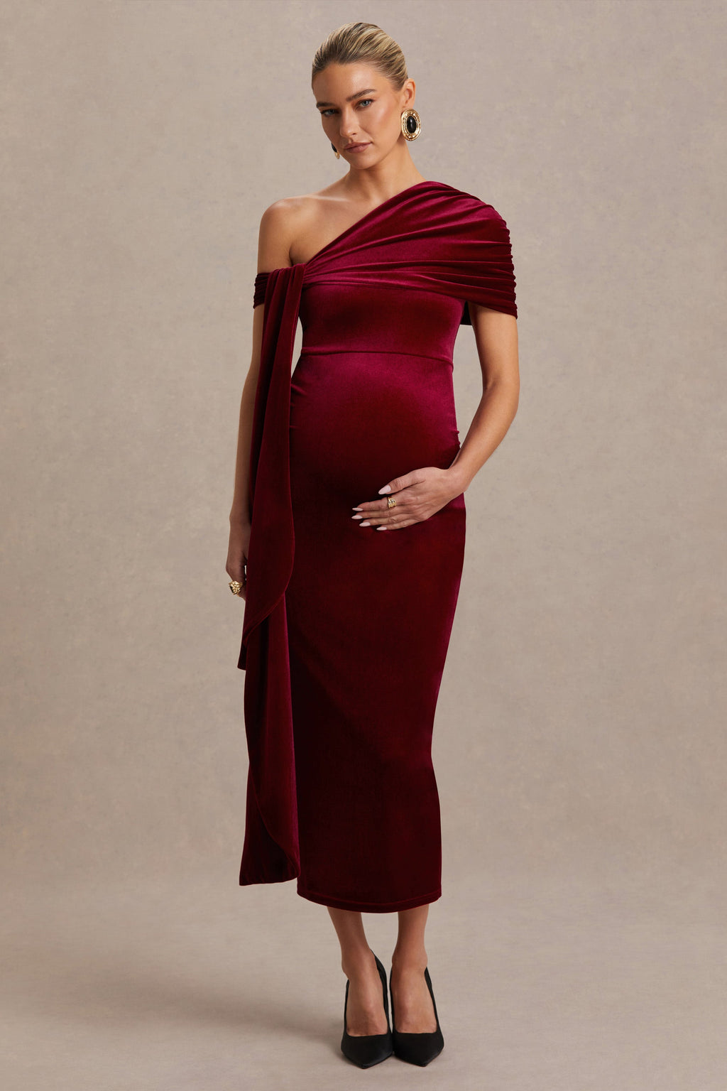Zena Burgundy Velvet Asymmetric-Neck Maternity Midi Dress With Knot And Sash Detail – front view
