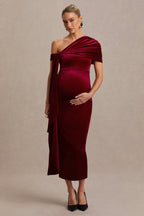 Zena Burgundy Velvet Asymmetric-Neck Maternity Midi Dress With Knot And Sash Detail – front view