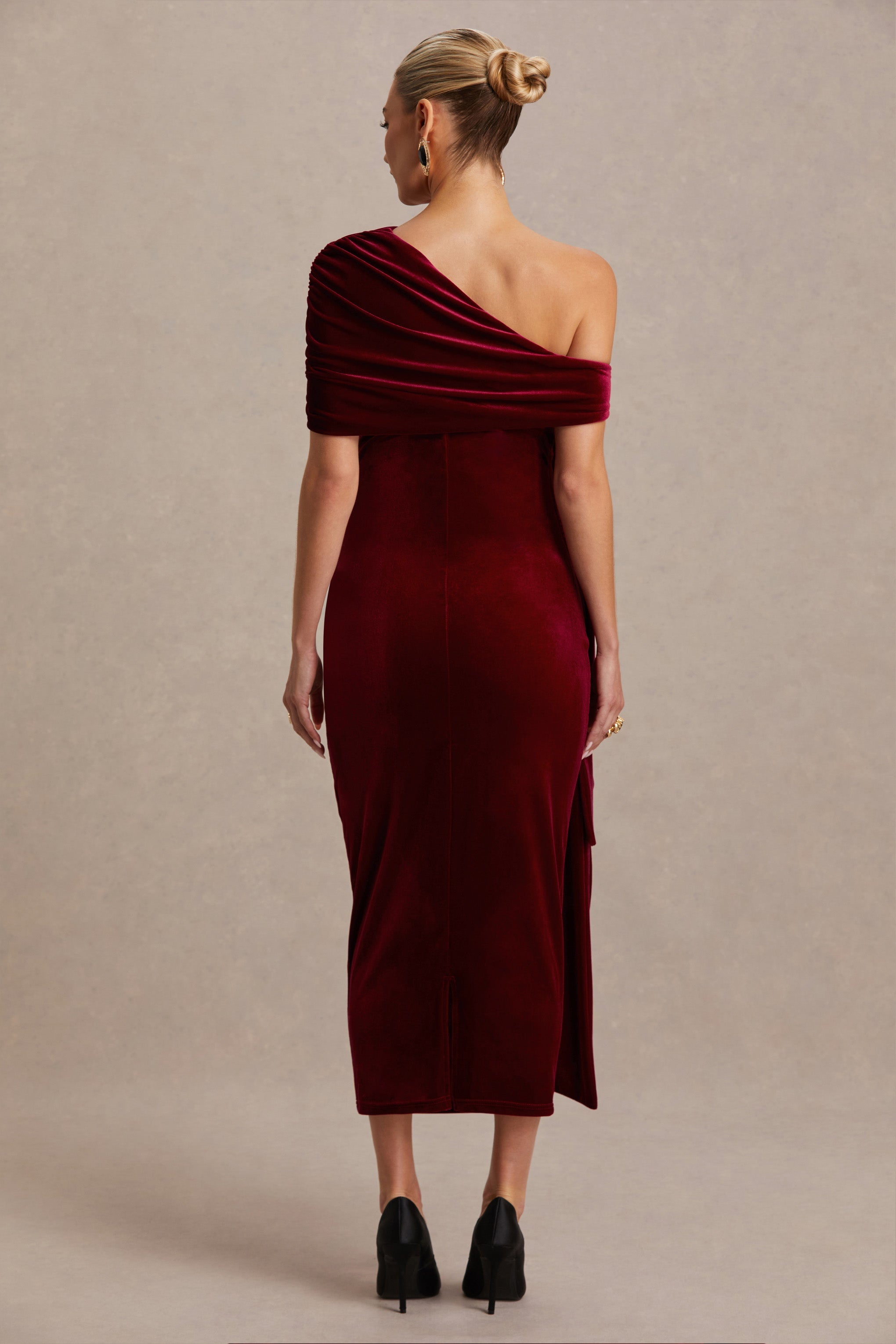 Zena Burgundy Velvet Asymmetric-Neck Maternity Midi Dress With Knot And Sash Detail – lifestyle photo