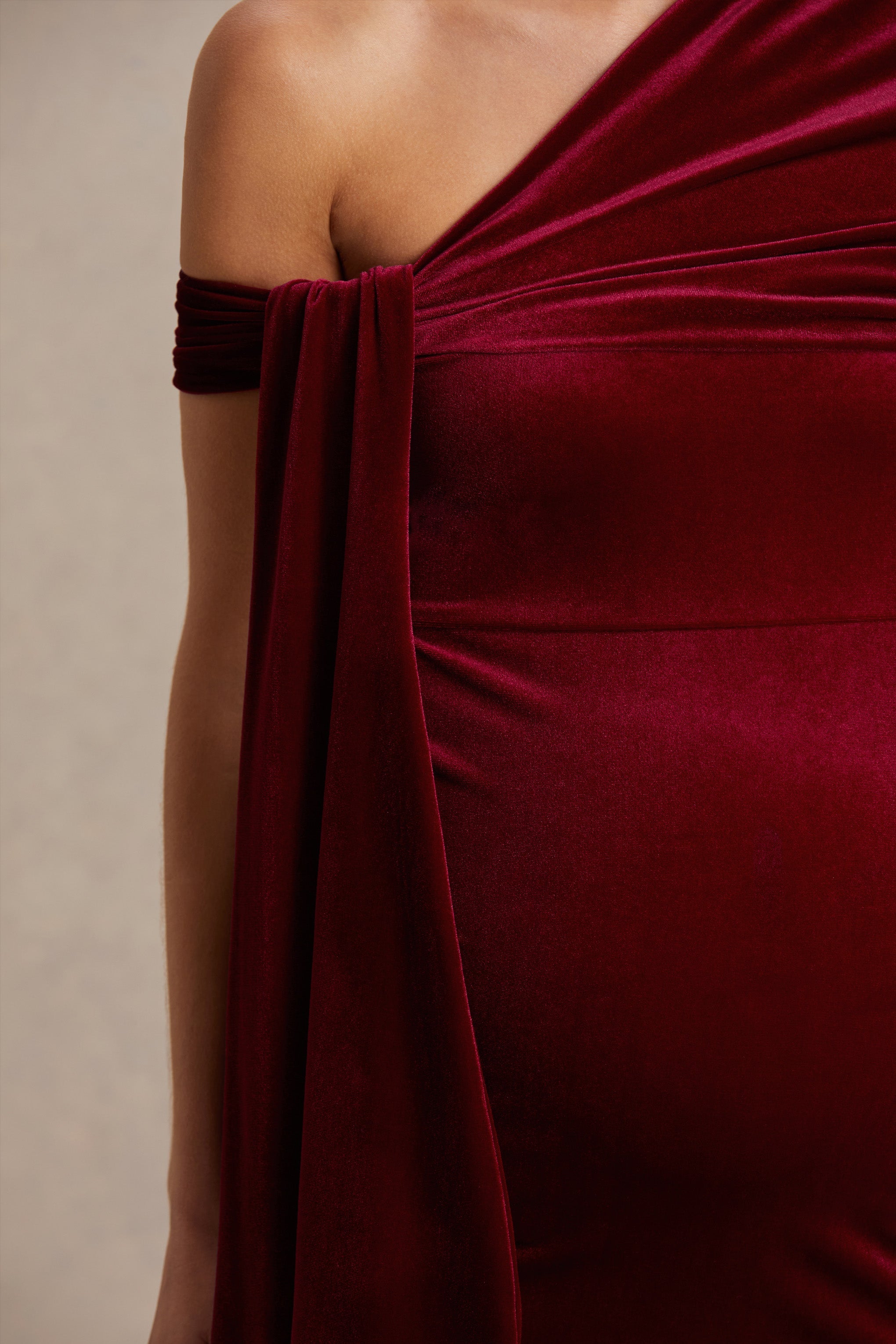 Zena Burgundy Velvet Asymmetric-Neck Maternity Midi Dress With Knot And Sash Detail – detail shot