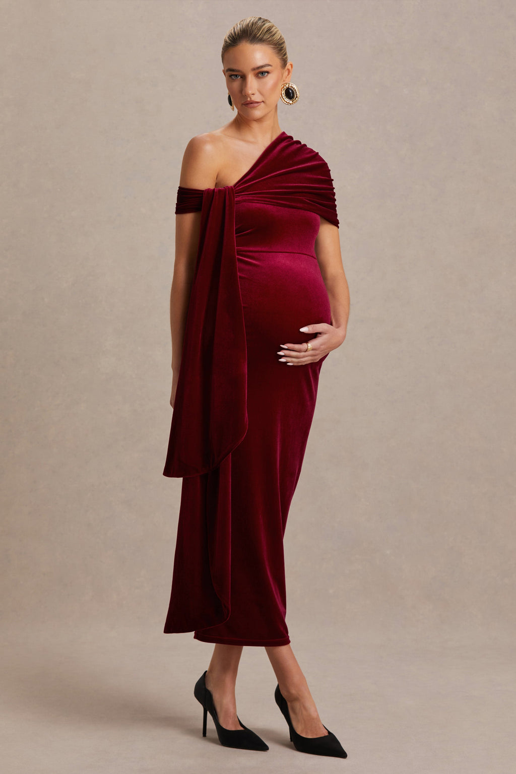 Zena Burgundy Velvet Asymmetric-Neck Maternity Midi Dress With Knot And Sash Detail – side view