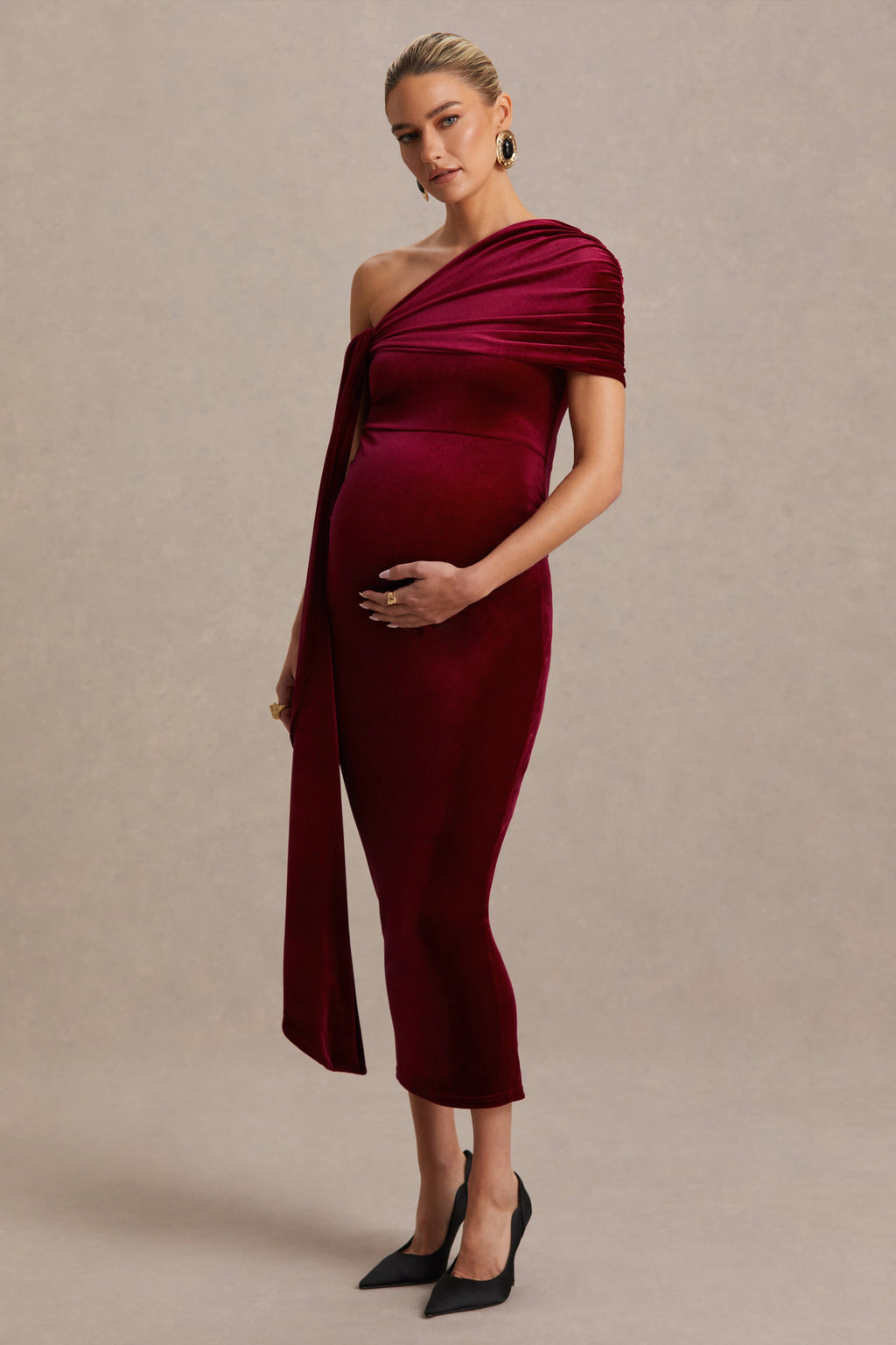 Zena Burgundy Velvet Asymmetric-Neck Maternity Midi Dress With Knot And Sash Detail – back view
