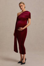 Zena Burgundy Velvet Asymmetric-Neck Maternity Midi Dress With Knot And Sash Detail – back view