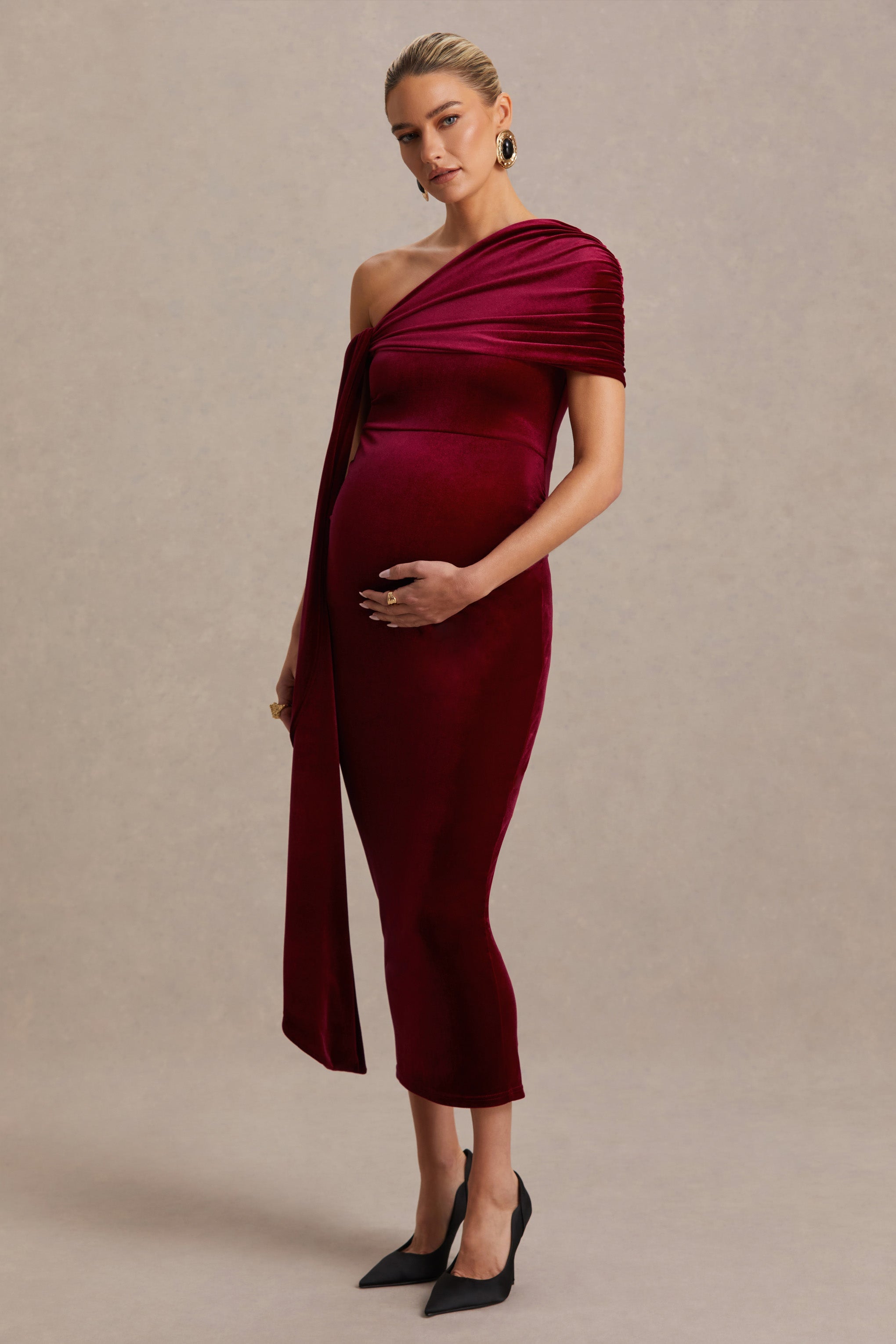 Zena Burgundy Velvet Asymmetric-Neck Maternity Midi Dress With Knot And Sash Detail – back view