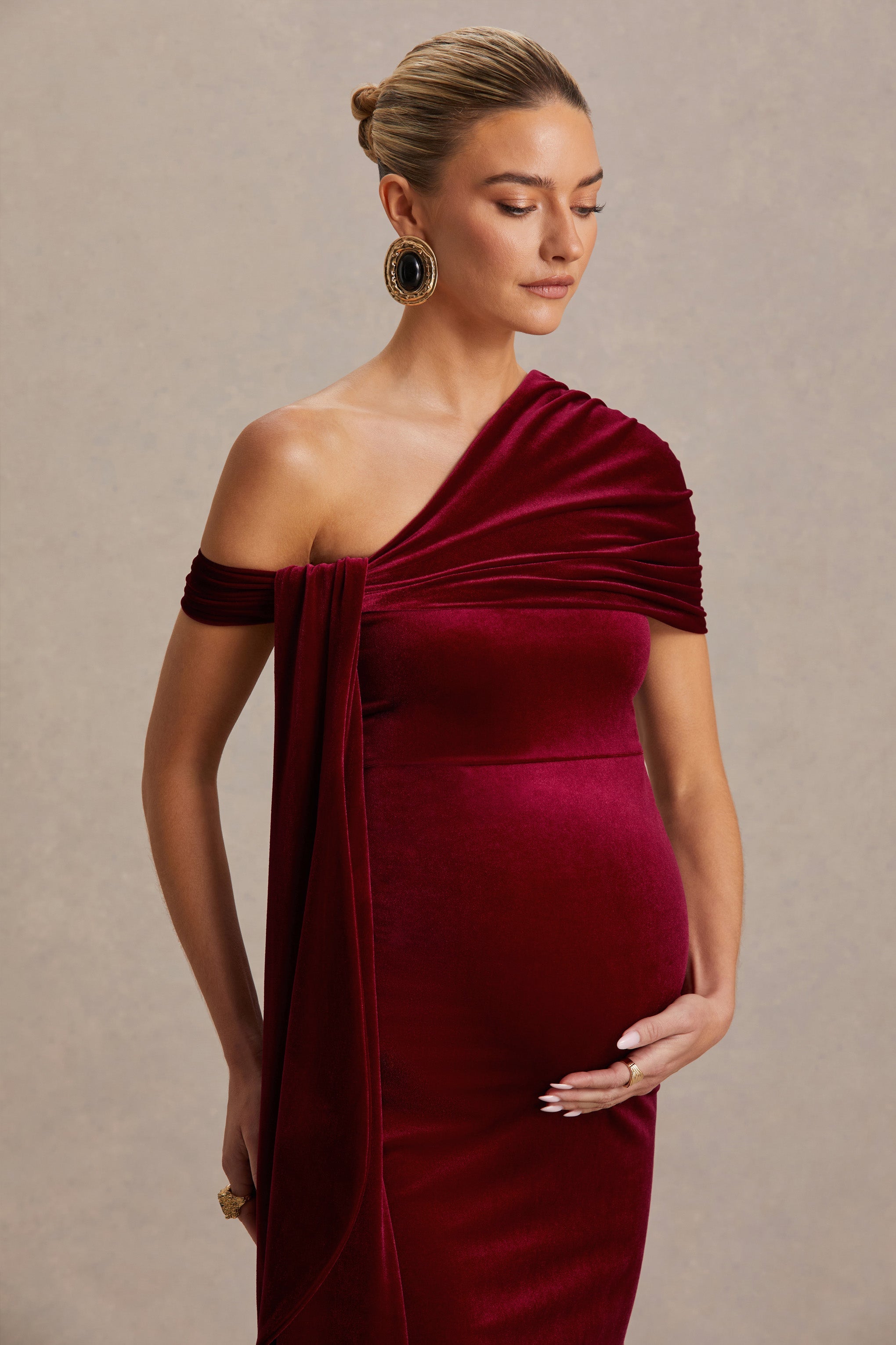 Zena Burgundy Velvet Asymmetric-Neck Maternity Midi Dress With Knot And Sash Detail – second lifestyle photo