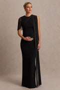 Amelise Black High-Neck Maternity Maxi Dress With Mesh-Cape Sleeve And Sash Detail – front view