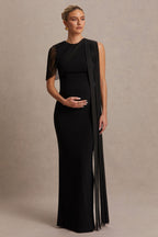 Amelise Black High-Neck Maternity Maxi Dress With Mesh-Cape Sleeve And Sash Detail – front view