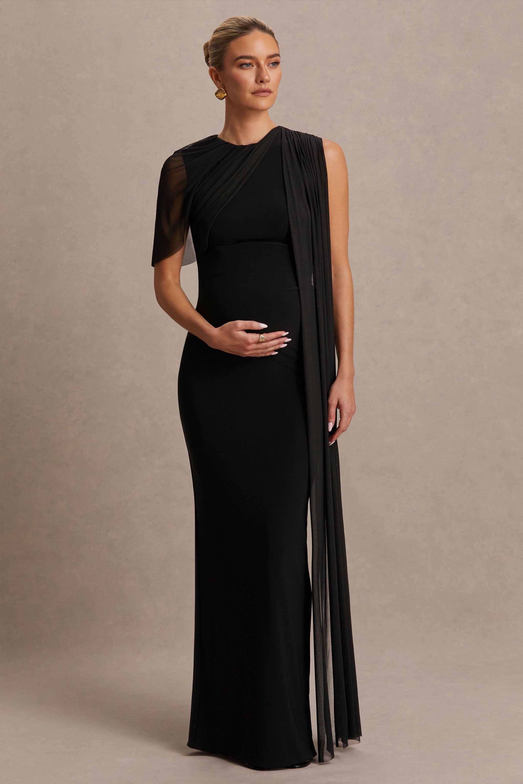 Amelise Black High-Neck Maternity Maxi Dress With Mesh-Cape Sleeve And Sash Detail – front view