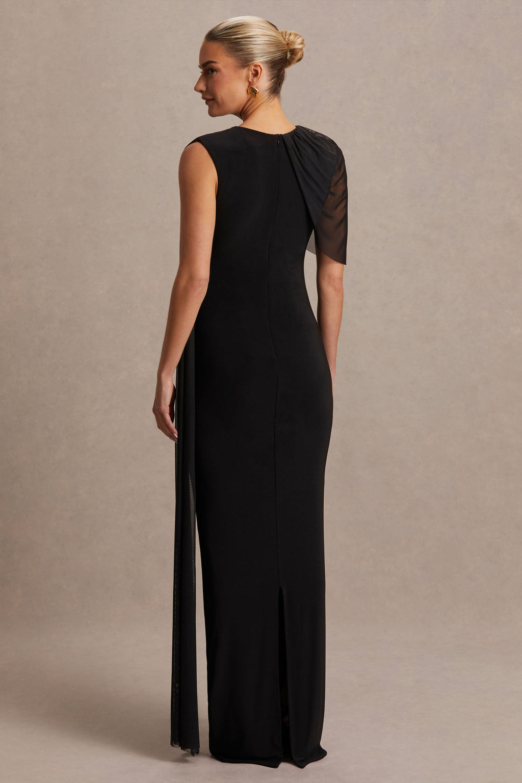 Amelise Black High-Neck Maternity Maxi Dress With Mesh-Cape Sleeve And Sash Detail – lifestyle photo