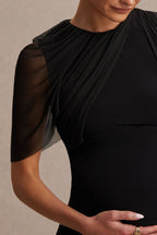 Amelise Black High-Neck Maternity Maxi Dress With Mesh-Cape Sleeve And Sash Detail – detail shot