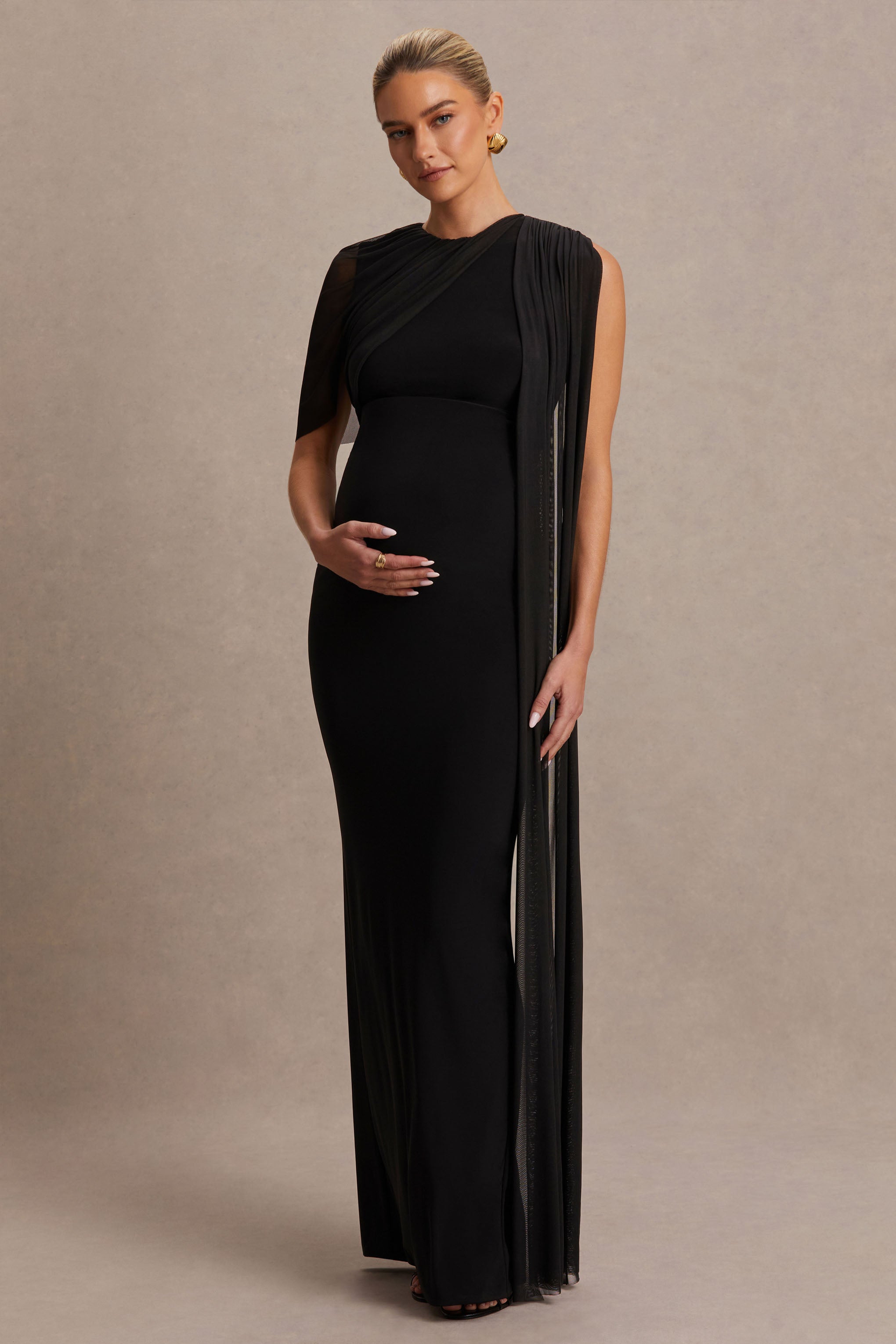 Amelise Black High-Neck Maternity Maxi Dress With Mesh-Cape Sleeve And Sash Detail – side view