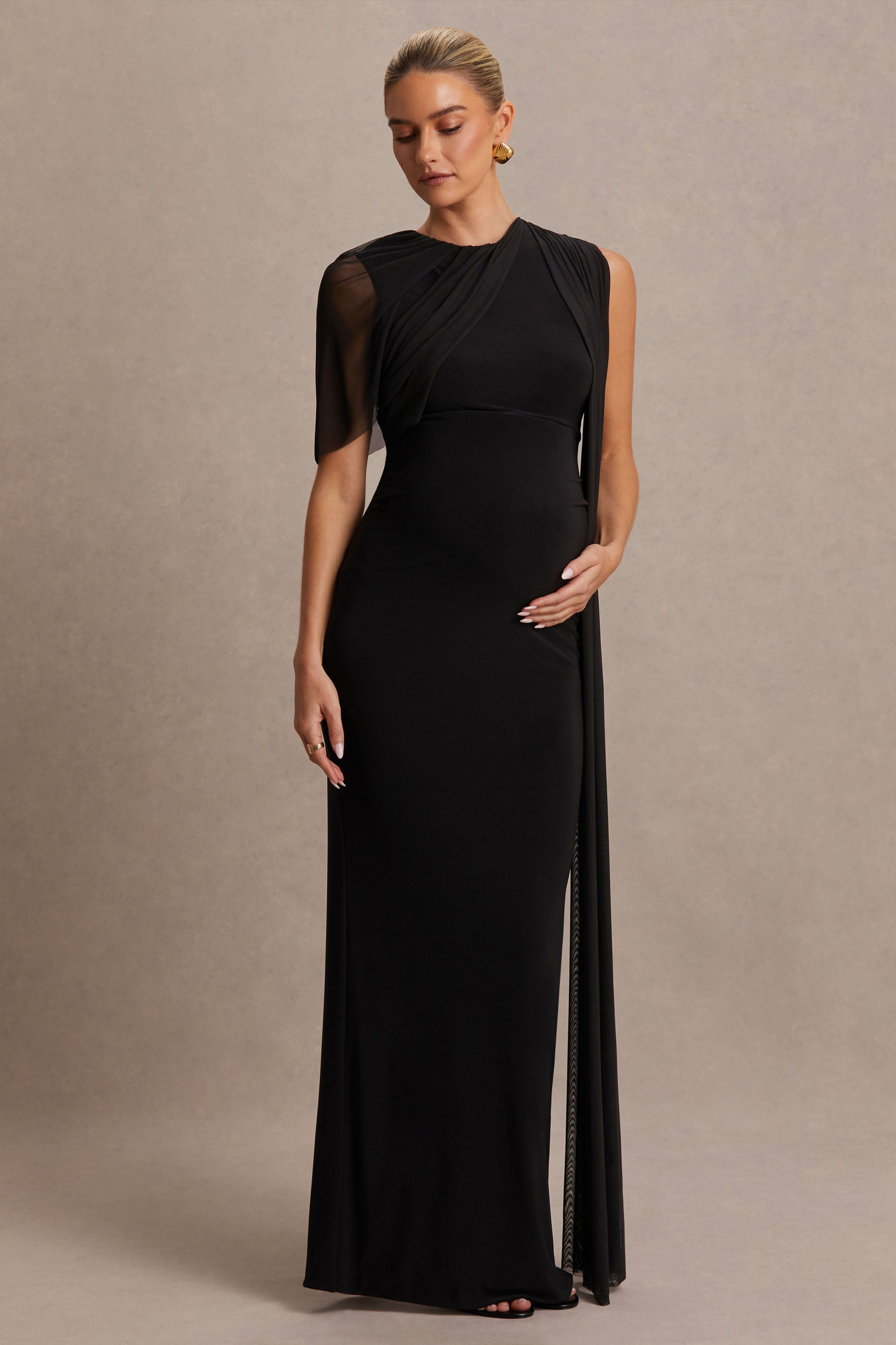 Amelise Black High-Neck Maternity Maxi Dress With Mesh-Cape Sleeve And Sash Detail – back view