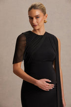Amelise Black High-Neck Maternity Maxi Dress With Mesh-Cape Sleeve And Sash Detail – second lifestyle photo