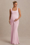 Baylin Light Pink Square-Neck Maternity Maxi Dress With Ruched Detailing And Sash – front view