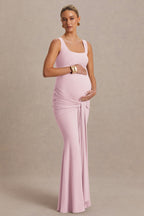 Baylin Light Pink Square-Neck Maternity Maxi Dress With Ruched Detailing And Sash – side view
