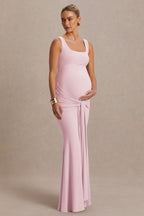 Baylin Light Pink Square-Neck Maternity Maxi Dress With Ruched Detailing And Sash – back view