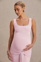 Baylin Light Pink Square-Neck Maternity Maxi Dress With Ruched Detailing And Sash – detail shot