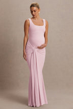 Baylin Light Pink Square-Neck Maternity Maxi Dress With Ruched Detailing And Sash – second lifestyle photo