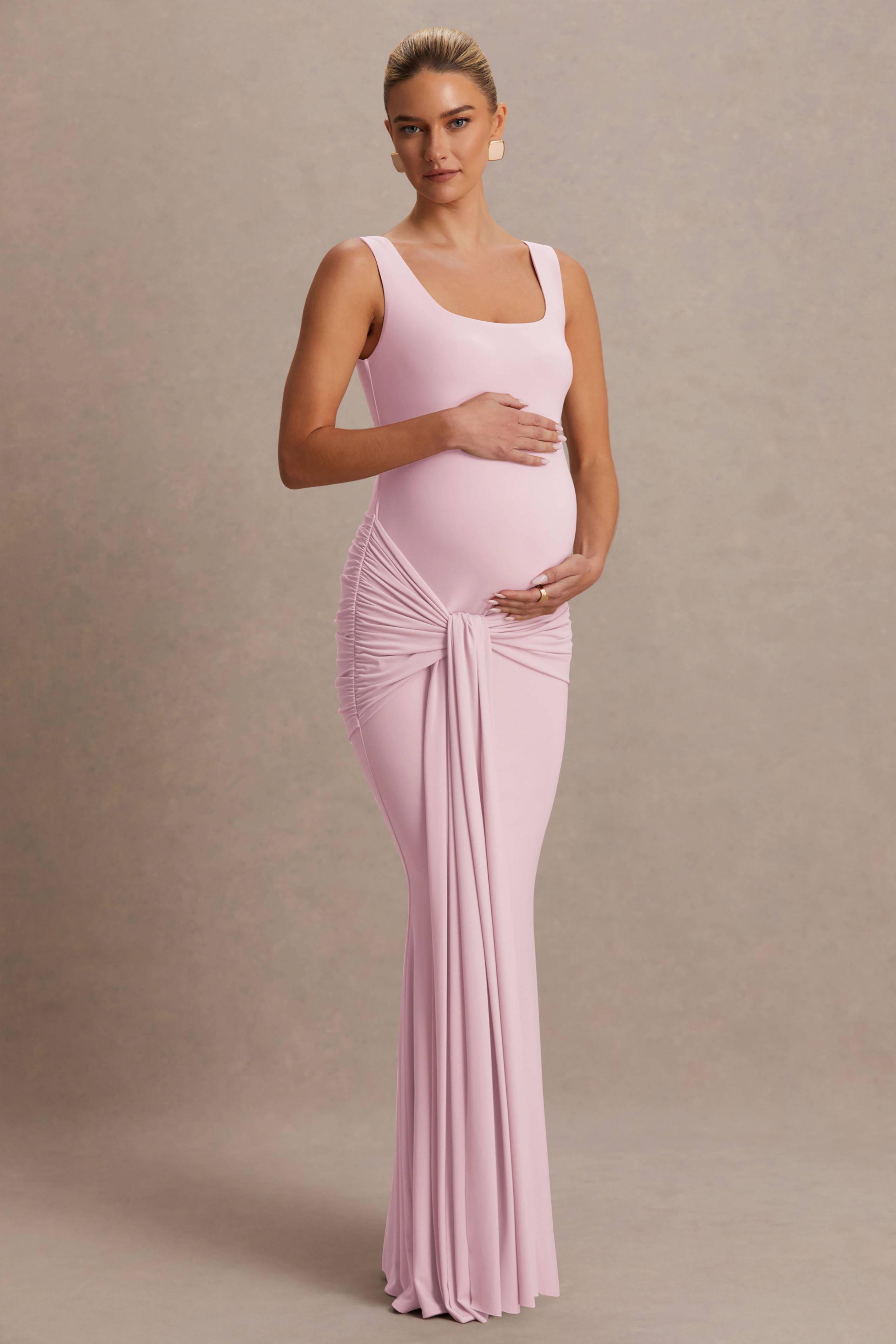 Baylin Light Pink Square-Neck Maternity Maxi Dress With Ruched Detailing And Sash – additional view
