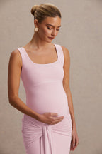 Driftly | Baylin Light Pink Square-Neck Maternity Maxi Dress With Ruched Detailing And Sash