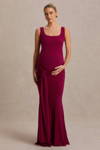 Baylin Burgundy Square-Neck Maternity Maxi Dress With Ruched Detailing And Sash – additional view