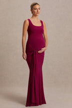 Baylin Burgundy Square-Neck Maternity Maxi Dress With Ruched Detailing And Sash – second lifestyle photo