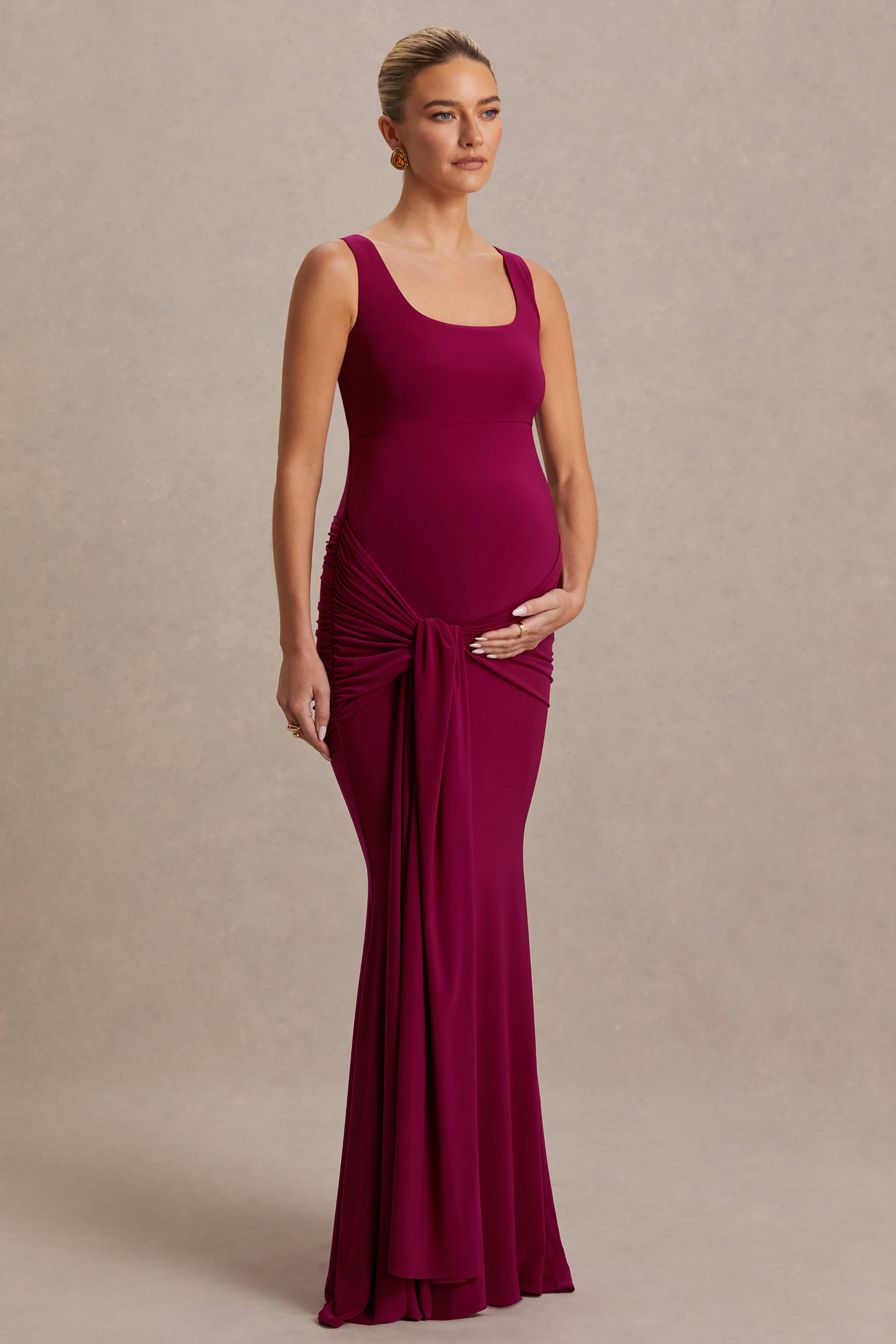 Baylin Burgundy Square-Neck Maternity Maxi Dress With Ruched Detailing And Sash – second lifestyle photo