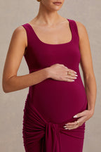 Driftly | Baylin Burgundy Square-Neck Maternity Maxi Dress With Ruched Detailing And Sash