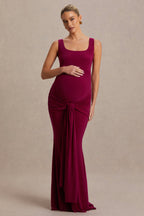 Driftly | Baylin Burgundy Square-Neck Maternity Maxi Dress With Ruched Detailing And Sash
