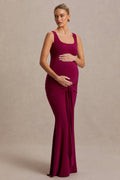 Driftly | Baylin Burgundy Square-Neck Maternity Maxi Dress With Ruched Detailing And Sash