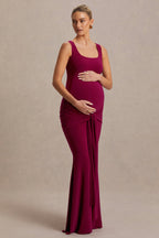 Driftly | Baylin Burgundy Square-Neck Maternity Maxi Dress With Ruched Detailing And Sash