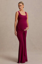 Driftly | Baylin Burgundy Square-Neck Maternity Maxi Dress With Ruched Detailing And Sash