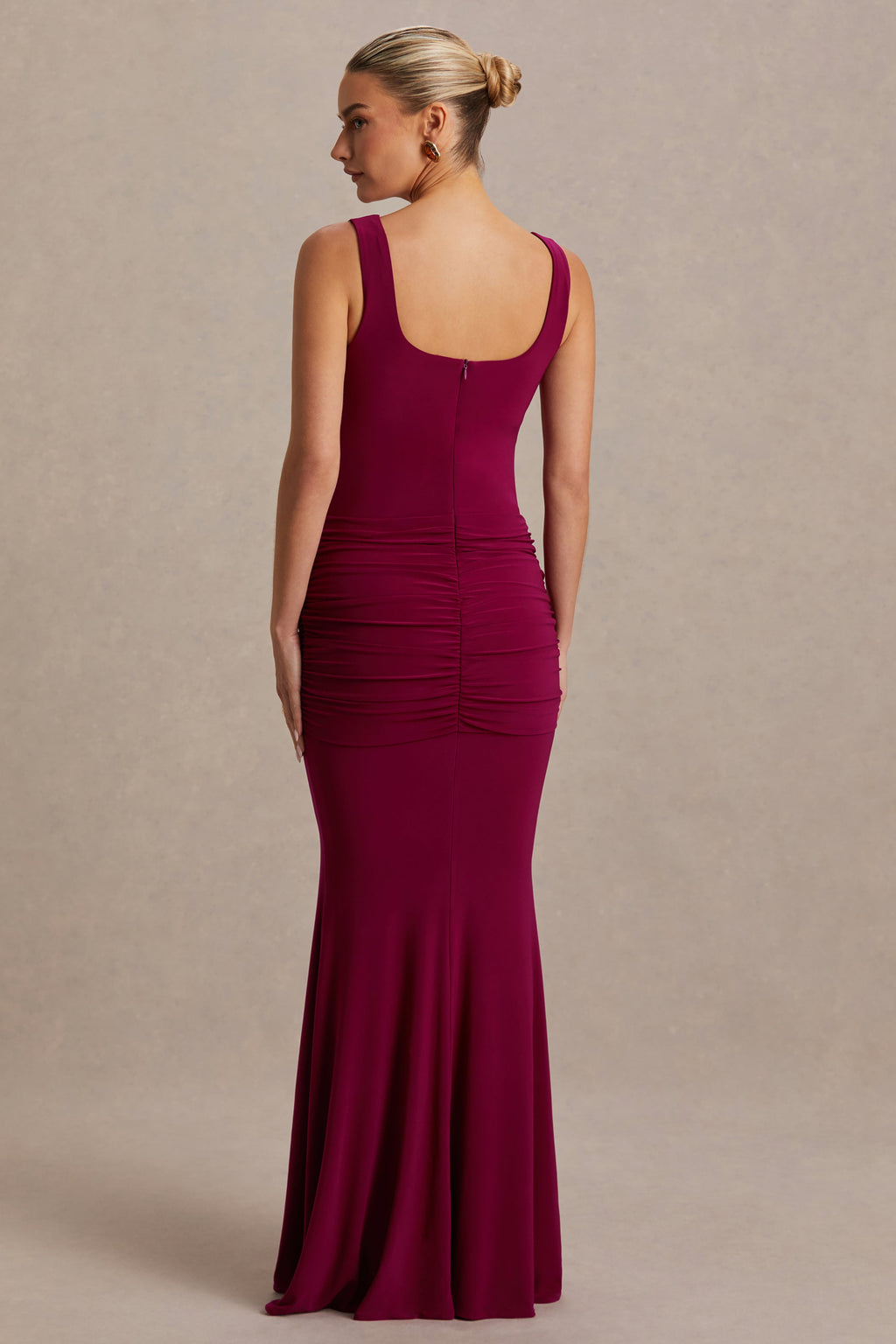 Driftly | Baylin Burgundy Square-Neck Maternity Maxi Dress With Ruched Detailing And Sash