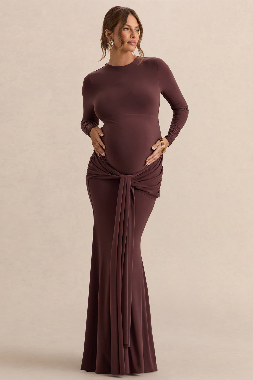 Aveny Brown Crew-Neck Maternity Maxi Dress With Ruched-Detailing And Sash – back view