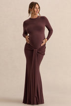 Aveny Brown Crew-Neck Maternity Maxi Dress With Ruched-Detailing And Sash – back view