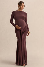 Aveny Brown Crew-Neck Maternity Maxi Dress With Ruched-Detailing And Sash – front view