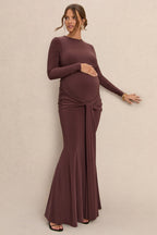 Aveny Brown Crew-Neck Maternity Maxi Dress With Ruched-Detailing And Sash – side view