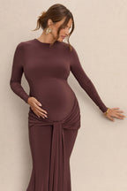 Aveny Brown Crew-Neck Maternity Maxi Dress With Ruched-Detailing And Sash – detail shot