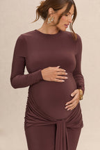 Aveny Brown Crew-Neck Maternity Maxi Dress With Ruched-Detailing And Sash – additional view