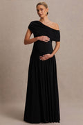 Noah Black Asymmetric-Neck Maternity Maxi Dress With Drop-Waist – front view