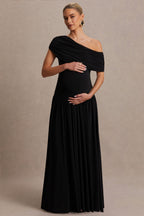 Noah Black Asymmetric-Neck Maternity Maxi Dress With Drop-Waist – front view