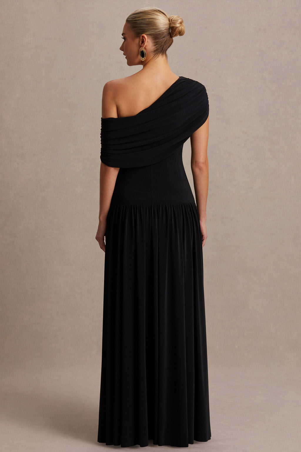 Noah Black Asymmetric-Neck Maternity Maxi Dress With Drop-Waist – lifestyle photo